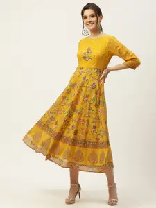 Juniper Mustard Yellow & Green Ethnic Motifs Georgette Ethnic A-Line Midi Dress