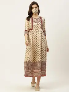 Juniper Cream-Coloured & Maroon Ethnic Motifs Cambric Cotton A-Line Midi Dress