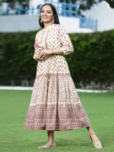 Juniper Cream-Coloured & Maroon Ethnic Motifs Cambric Cotton A-Line Midi Dress