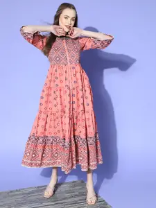 Juniper Peach Coloured & Maroon Pure Cotton Ethnic Maxi Dress