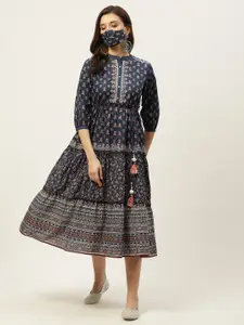 Juniper Navy Blue & Off White Ethnic Motifs Pure Cotton Ethnic Tiered Dress With Mask