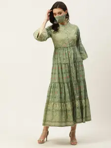 Juniper Green & Golden Ethnic Motifs Cambric Cotton Maxi Dress