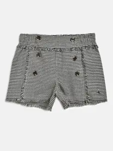 Cherry Crumble Girls Black & White Houndstooth Patterned Cotton Shorts with Fringed Detail