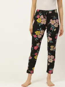 ETC Women Black & Peach-Coloured Regular Fit Floral Print Pure Cotton Lounge Pants