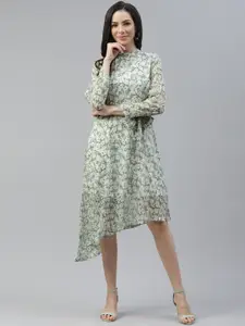 plusS Off White & Green Floral Printed A-Line Midi Dress