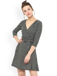 Miss Chase Black Printed Polyester Wrap Dress