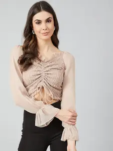Athena Beige Puff Sleeves Smocked Chiffon Fitted Crop Top
