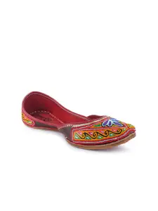 The Desi Dulhan Women Brown Embroidered Leather Mojaris