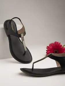 Shoetopia Women Black Solid T-Strap Flats