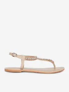 DOROTHY PERKINS Women Peach-Coloured & Silver-Toned Studded T-Strap Flats