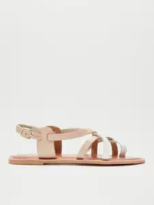 DOROTHY PERKINS Women White & Peach-Coloured Croc-Textured Leather One Toe Flats