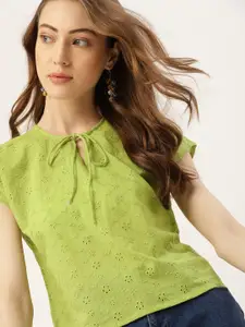 DressBerry Green Floral Tie-Up Neck Extended Sleeves Schiffli Cotton Regular Top