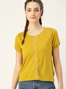 DressBerry Mustard Yellow  Lace Insert Slit Sleeves Top