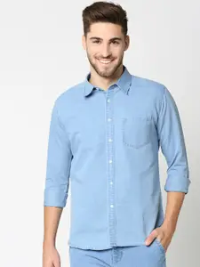 High Star Men Blue Solid Denim Slim Fit Casual Shirt
