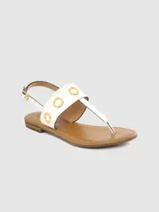 Geox Women White Leather Riveted T-Strap Flats