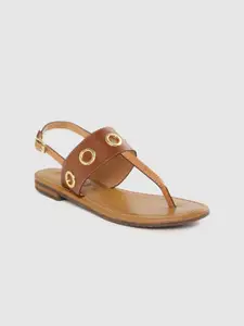 Geox Women Tan Brown Embellished Leather T-Strap Flats
