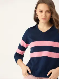 DressBerry Women Navy Blue & Pink Striped Pullover