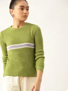 DressBerry Women Green Ribbed Striped Detail Pullover