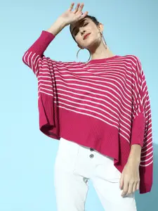 DressBerry Women Pink & White Striped Poncho Sweater