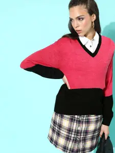 DressBerry Women Pretty Pink Colourblocked Acrylic Sweater