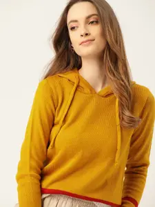 DressBerry Women Mustard Yellow Solid Hooded Pullover