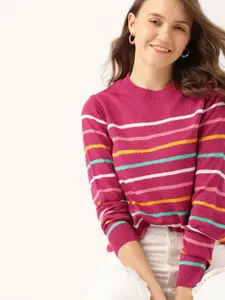 DressBerry Women Pink & Yellow Striped Pullover