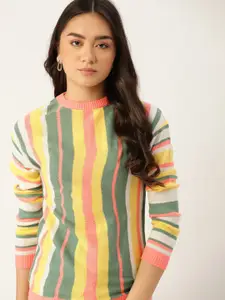 DressBerry Women Yellow & Pink Striped Pullover