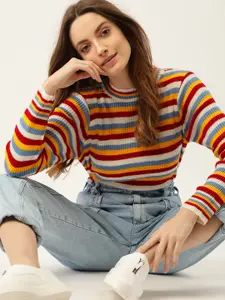DressBerry Women Red & Mustard Yellow Striped Pullover
