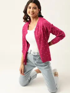 DressBerry Women Pink & White Printed Front-Open Sweater