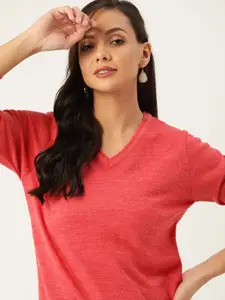 DressBerry Women Coral Red Solid Pullover
