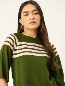 DressBerry Women Green & Cream-Coloured Striped Pullover