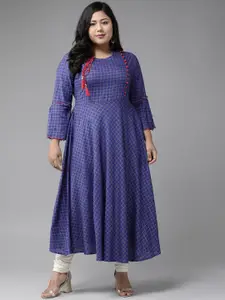 YASH GALLERY Plus Size Women Navy Blue & Red Checked Bell Sleeves A-Line Kurta