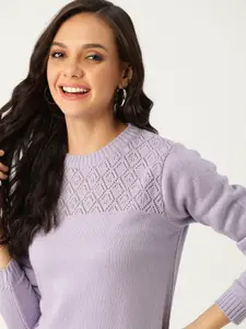 DressBerry Women Lavender Geometric Self Design Round Neck Pullover