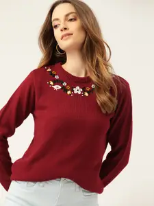 DressBerry Women Maroon Floral Embroidered Pullover with Tie-Up Back