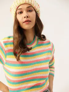 DressBerry Women Yellow & Green Striped Ribbed Pullover