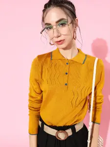 DressBerry Women Stylish Mustard Ethnic Motifs Knitted Sweater