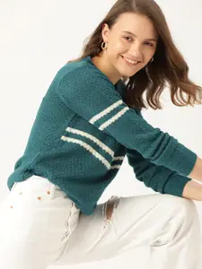 DressBerry Women Teal Green & White Striped Pullover