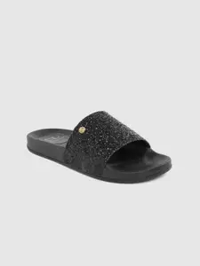 Carlton London Women Black Shimmer Open Toe Flats