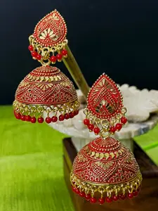 ANIKAS CREATION Red & Gold plated Enameled Antique Jhumkas