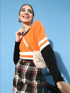 DressBerry Women Bright Orange Colourblocked Drop-Shoulder Sleeves Sweatshirt