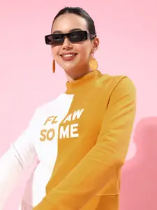 DressBerry Women Stylish Mustard Colourblocked Quirky Outerwear Sweatshirt
