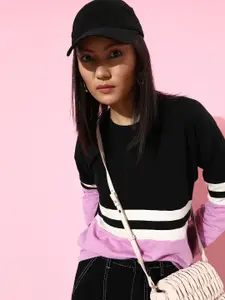 DressBerry Women Black Colourblocked Drop-Shoulder Sleeves Sweatshirt