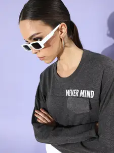 DressBerry Women Charcoal Grey Typography Printed Sweatshirt