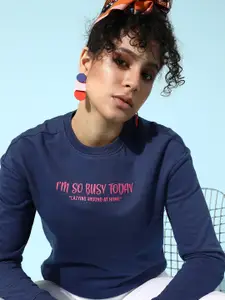 DressBerry Women Navy Blue Typography Quirky Outerwear Sweatshirt