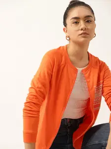 DressBerry Women Orange Solid Sweatshirt With Printed Detail