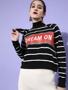 DressBerry Women Black Striped Quirky Sweatshirt