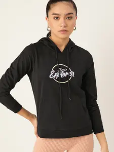 DressBerry Women Black Printed Hooded Sweatshirt