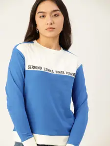 DressBerry Women Blue & White Colourblocked Sweatshirt