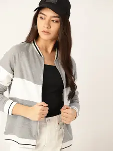 DressBerry Women Grey Melange & White Colourblocked Sweatshirt