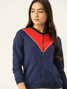 DressBerry Women Navy Blue & Red Pure Cotton Colourblocked Sweatshirt